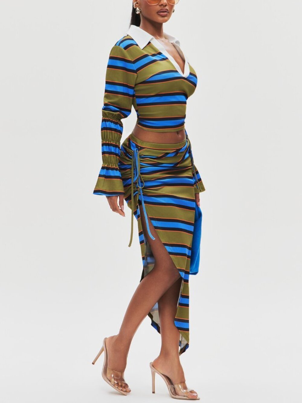 Multicolor Regular Casual Women's Slim Fit Striped Tee & Maxi Skirt Set